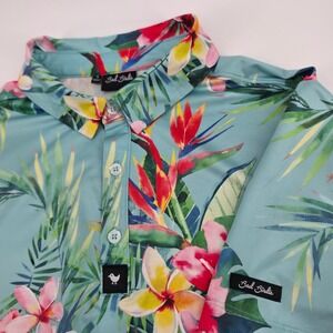 Bad Birdie Men Golf Performance Polo Shirt Small Teal Tropical Floral Bird AOP